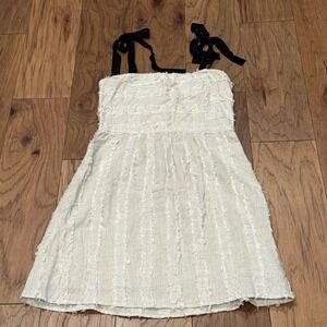 Fab'rik Cream Linen Blend Eyelash Fringe‎ Mini Dress with Black Tie Straps Med.